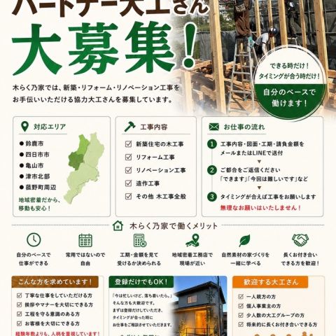 【鈴鹿市・三重県】パートナー大工さん大募集！一人親方・個人事業主の方歓迎🔨 アイキャッチ画像
